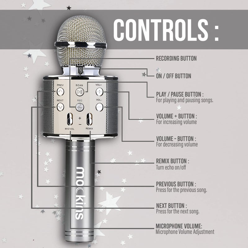 Mockins Silver Bluetooth Karaoke Microphone for Kids with Built in Wireless Speaker| Wireless Microphone Karaoke Compatible with iOS & Android | All-in-One Mic - Image 5